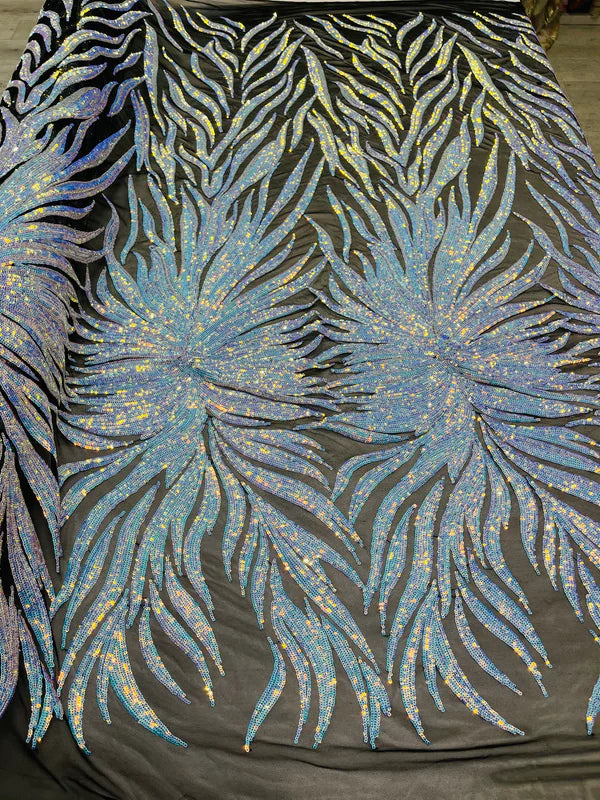 Iridescent Fabric - Blue - Wing Line Design 4 Way Stretch Mesh Lace Fabric By Yard
