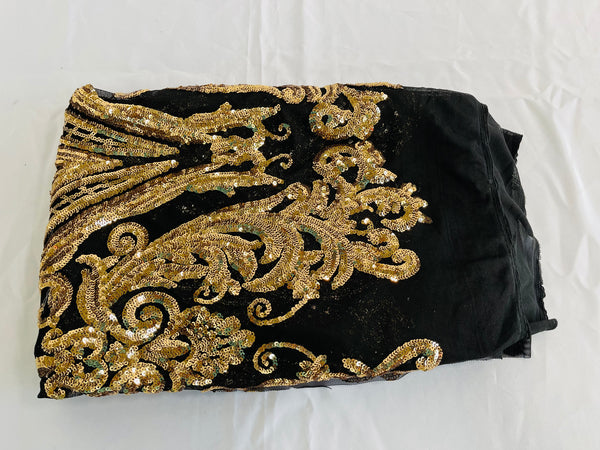 Big Damask Sequins Fabric - Gold - 4 Way Stretch Damask Sequins Design Fabric By Yard