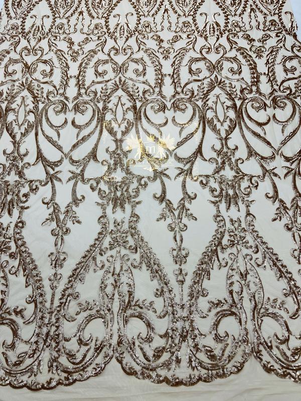 Damask Fabric - Matte Champagne - Embroidered Sequin Fabric On 4 Way Stretch Mesh Fabric By The Yard