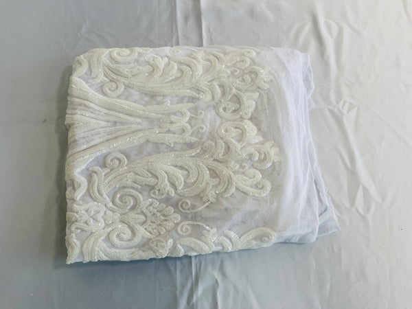 Big Damask Sequins Fabric - White - 4 Way Stretch Damask Sequins Design Fabric By Yard