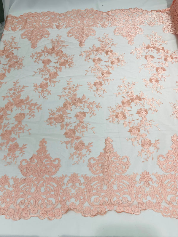 Damask Lace - Blush Pink - Floral Damask Design Embroidered on Mesh Lace Fabric