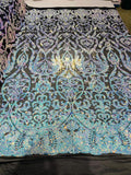 Damask Fabric - Iridescent Aqua - Embroidered Sequin Fabric On 4 Way Stretch Mesh Fabric By The Yard