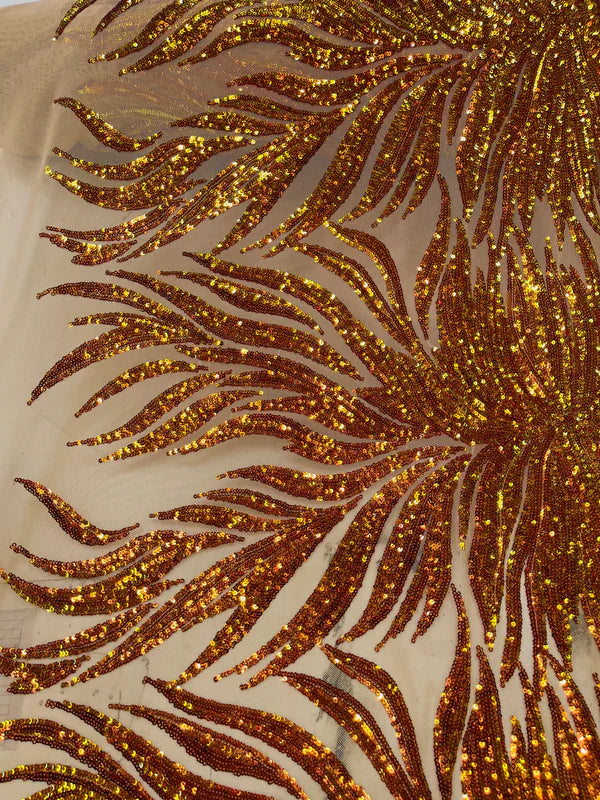 Iridescent Fabric - Orange - Wing Line Design 4 Way Stretch Mesh Lace Fabric By Yard