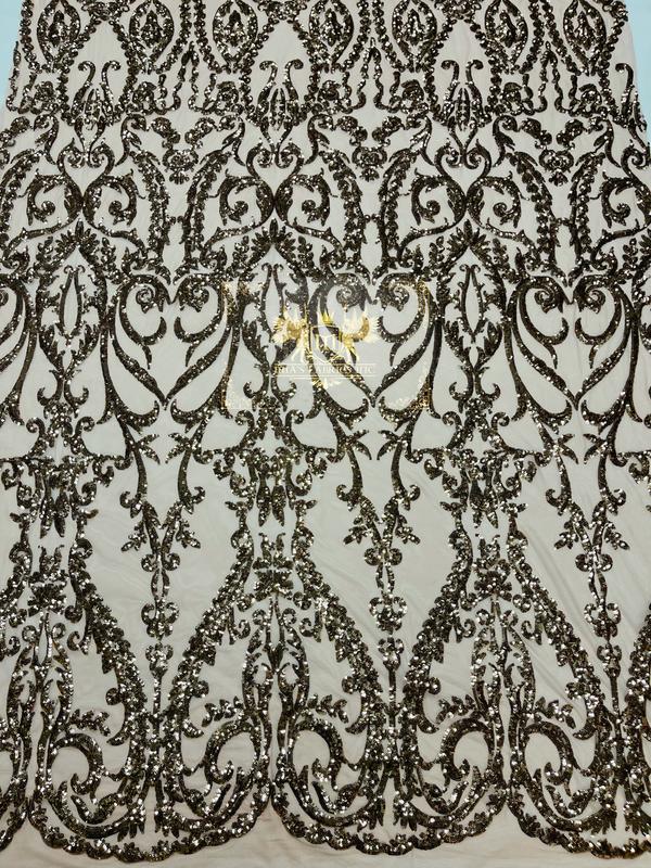 Damask Fabric - Dusty Rose - Embroidered Sequin Fabric On 4 Way Stretch Mesh Fabric By The Yard