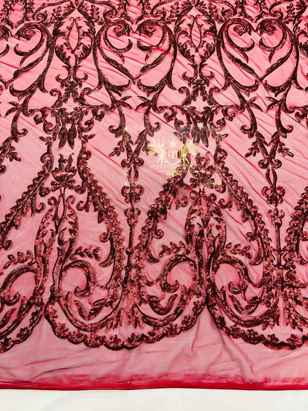 Damask Fabric - Matte Burgundy - Embroidered Sequin Fabric On 4 Way Stretch Mesh Fabric By The Yard