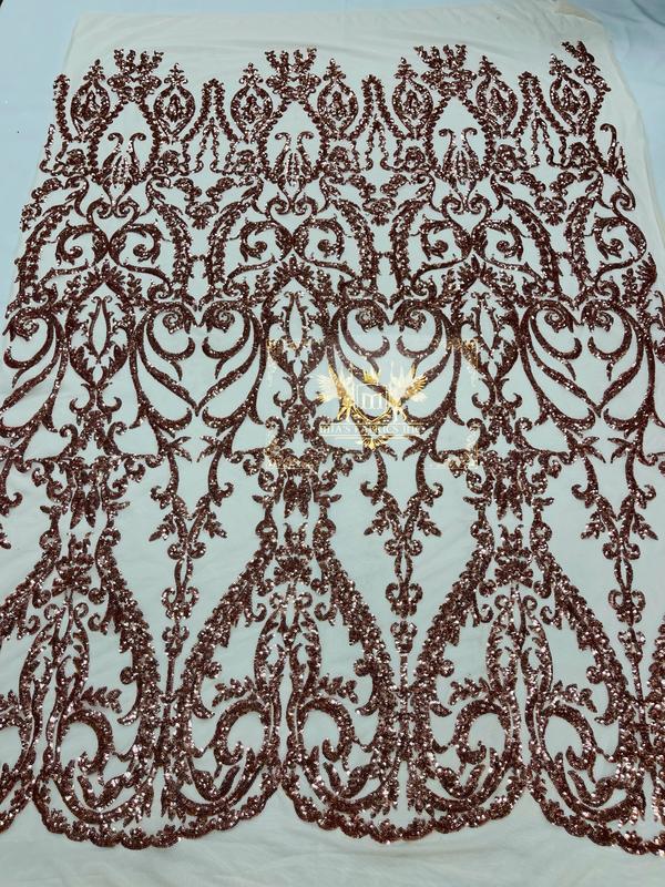 Damask Fabric - Blush - Embroidered Sequin Fabric On 4 Way Stretch Mesh Fabric By The Yard