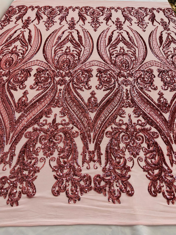 Big Damask Sequins Fabric - Pink - 4 Way Stretch Damask Sequins Design Fabric By Yard
