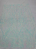 Big Damask Sequins Fabric - Iridescent Aqua/White - 4 Way Stretch Damask Sequins Design Fabric By Yard