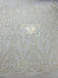 Damask Fabric - White - Embroidered Sequin Fabric On 4 Way Stretch Mesh Fabric By The Yard