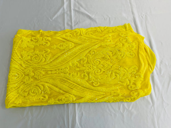 Big Damask Sequins Fabric - Yellow - 4 Way Stretch Damask Sequins Design Fabric By Yard