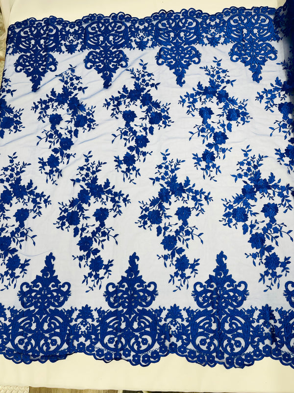 Damask Lace - Royal Blue - Floral Damask Design Embroidered on Mesh Lace Fabric