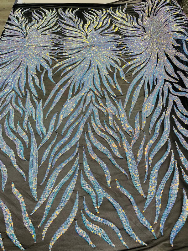 Iridescent Fabric - Blue - Wing Line Design 4 Way Stretch Mesh Lace Fabric By Yard