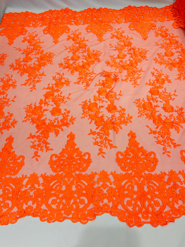 Damask Lace - Neon Orange - Floral Damask Design Embroidered on Mesh Lace Fabric