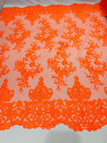 Damask Lace - Neon Orange - Floral Damask Design Embroidered on Mesh Lace Fabric