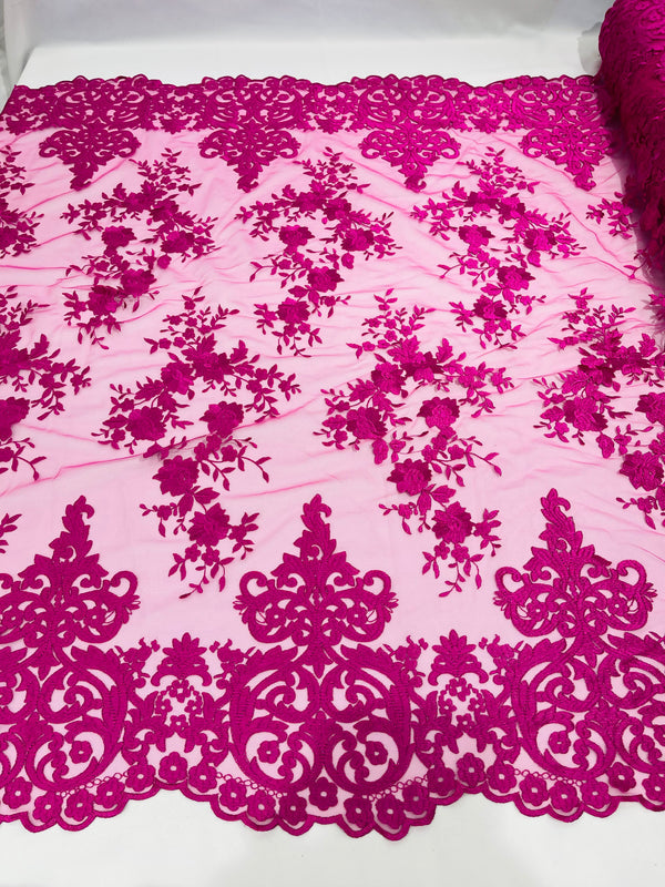 Damask Lace - Magenta - Floral Damask Design Embroidered on Mesh Lace Fabric
