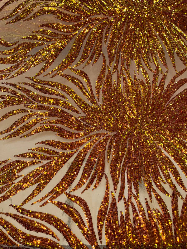 Iridescent Fabric - Orange - Wing Line Design 4 Way Stretch Mesh Lace Fabric By Yard