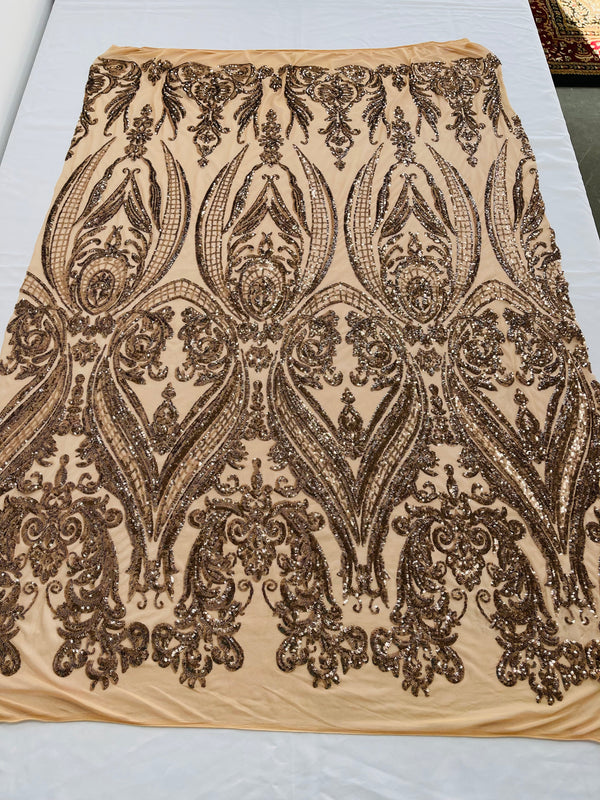 Big Damask Sequins Fabric - Mocha - 4 Way Stretch Damask Sequins Design Fabric By Yard