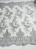 Damask Lace - Silver - Floral Damask Design Embroidered on Mesh Lace Fabric
