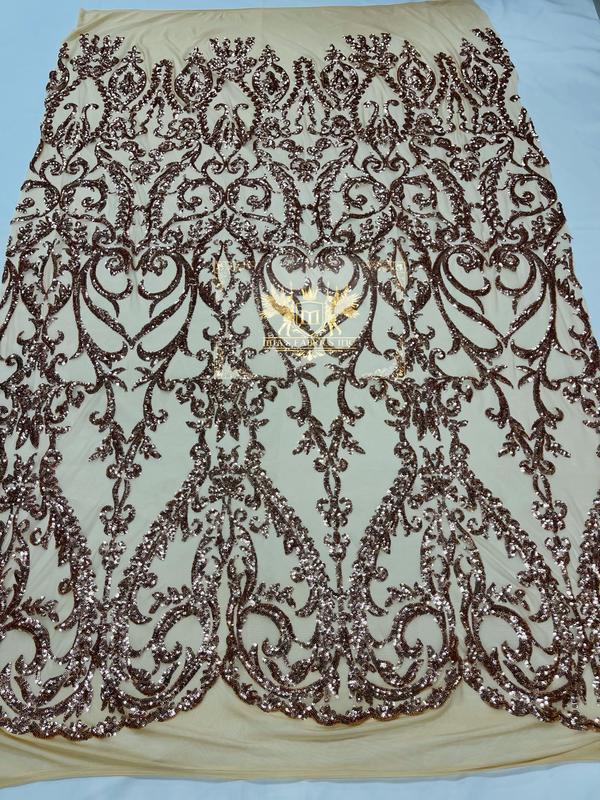Damask Fabric - Rose Gold - Embroidered Sequin Fabric On 4 Way Stretch Mesh Fabric By The Yard