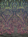 Big Damask Sequins Fabric - Rainbow - 4 Way Stretch Damask Sequins Design Fabric By Yard