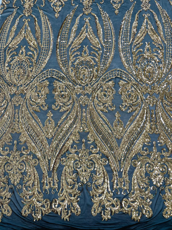 Big Damask Sequins Fabric - Gold - 4 Way Stretch Damask Sequins Design Fabric By Yard