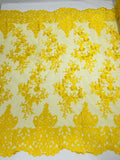 Damask Lace - Yellow - Floral Damask Design Embroidered on Mesh Lace Fabric