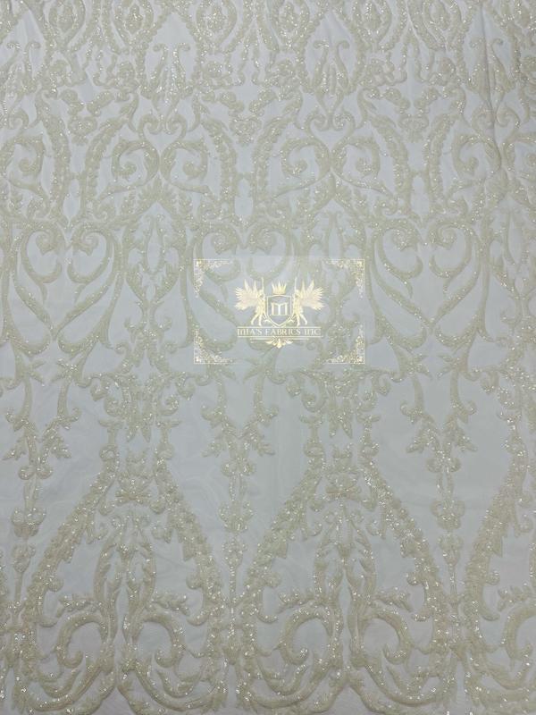 Damask Fabric - White - Embroidered Sequin Fabric On 4 Way Stretch Mesh Fabric By The Yard