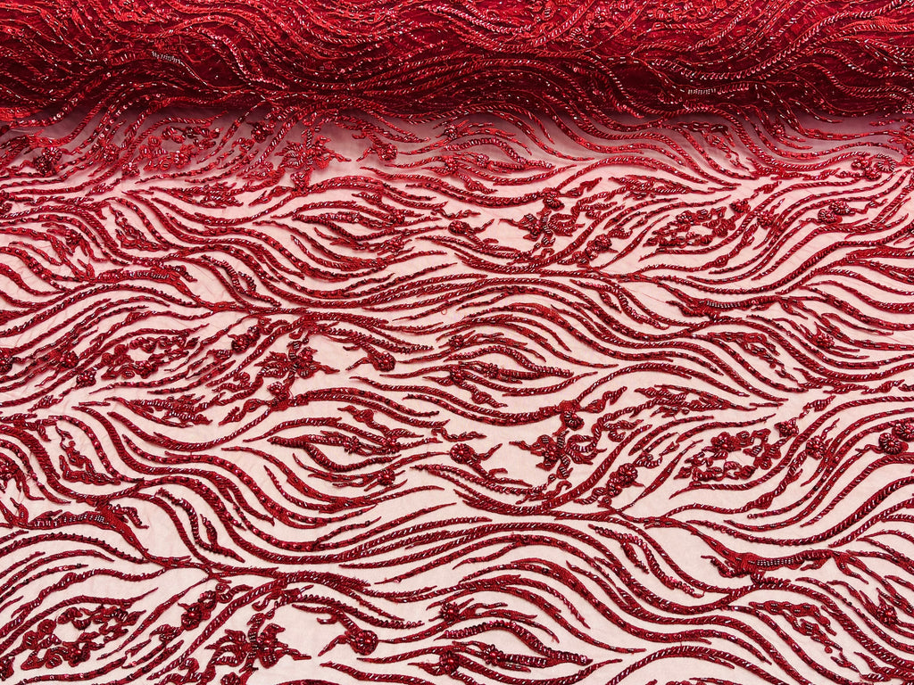 Burgundy Beaded Fabric - by the yard - Fancy Embroidered Zebra Design with Beads on Mesh Fabric