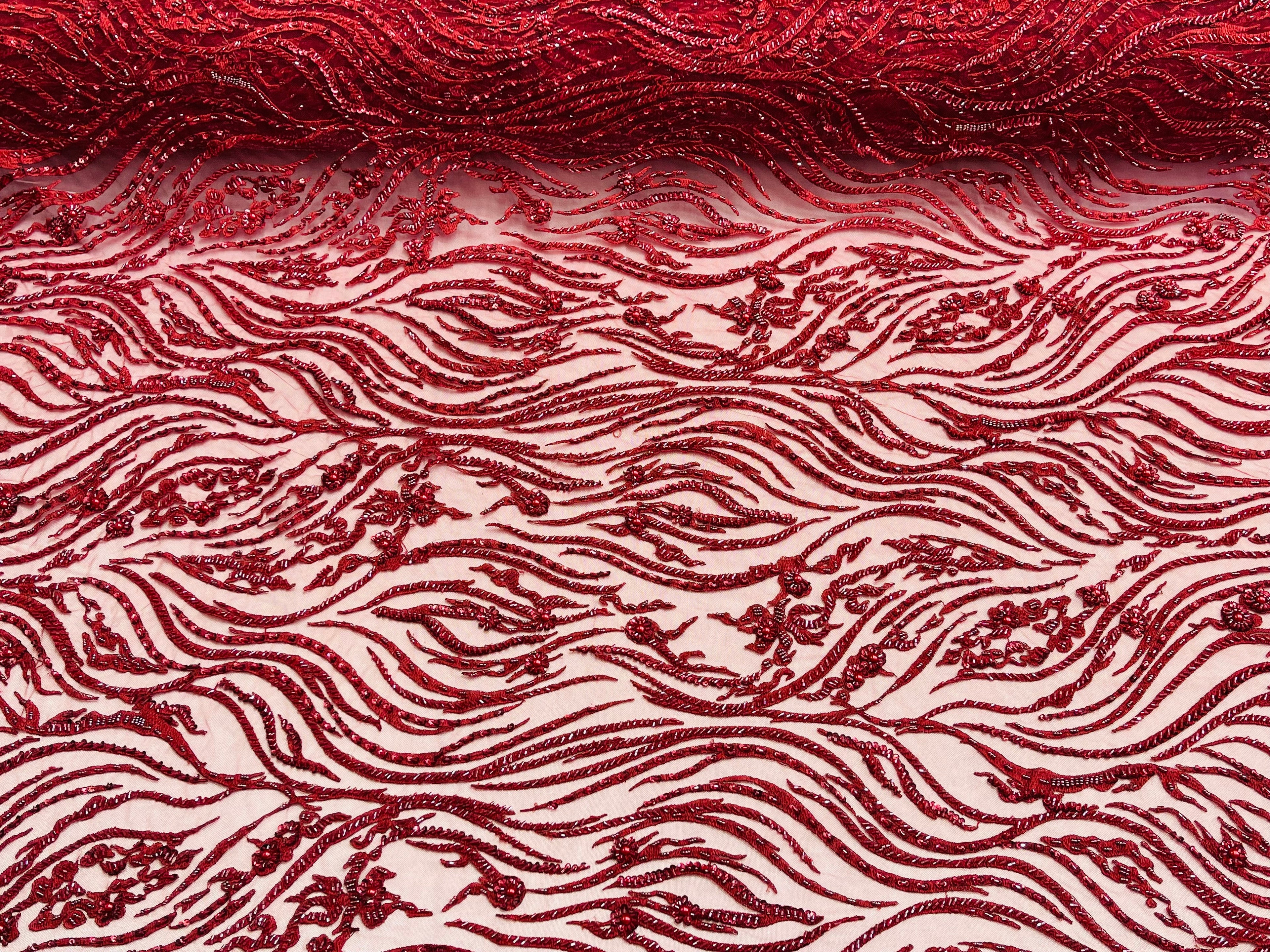 Burgundy Beaded Fabric - by the yard - Fancy Embroidered Zebra Design with Beads on Mesh Fabric