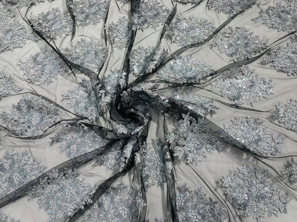 Floral Lace Fabric - Gray on Black Mesh - Flower Cluster Embroidery Design With Sequins on a Mesh