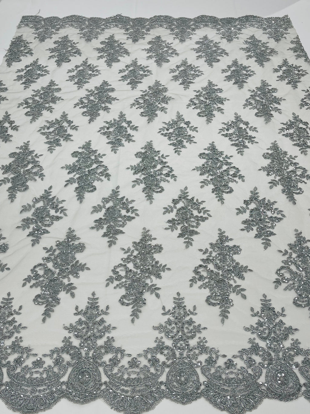 Metallic Silver Floral Lace Fabric by the yard Corded Flower Embroidery Design With Sequins on a Mesh