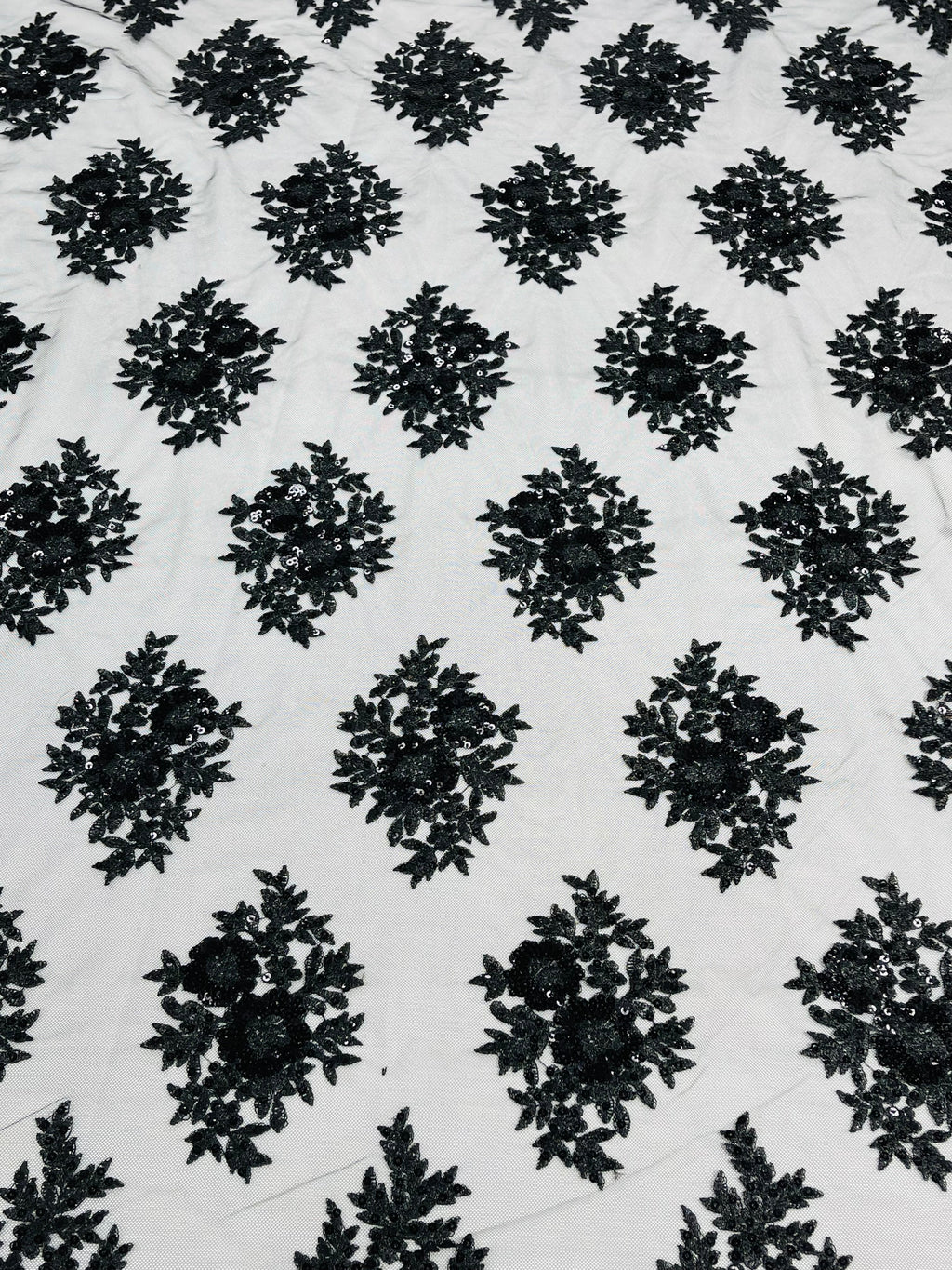 Floral Lace Fabric - Black - Flower Cluster Embroidery Design With Sequins on a Mesh