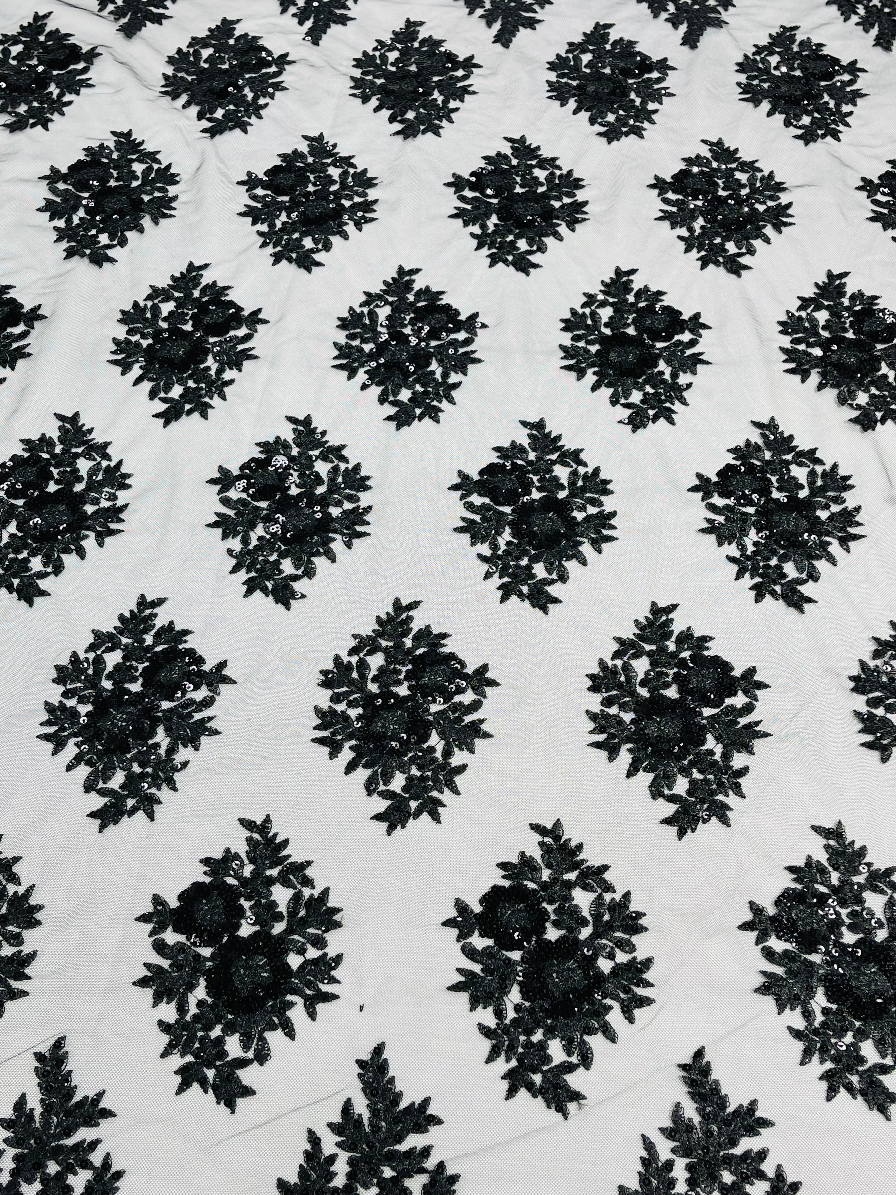 Floral Lace Fabric - Black - Flower Cluster Embroidery Design With Sequins on a Mesh