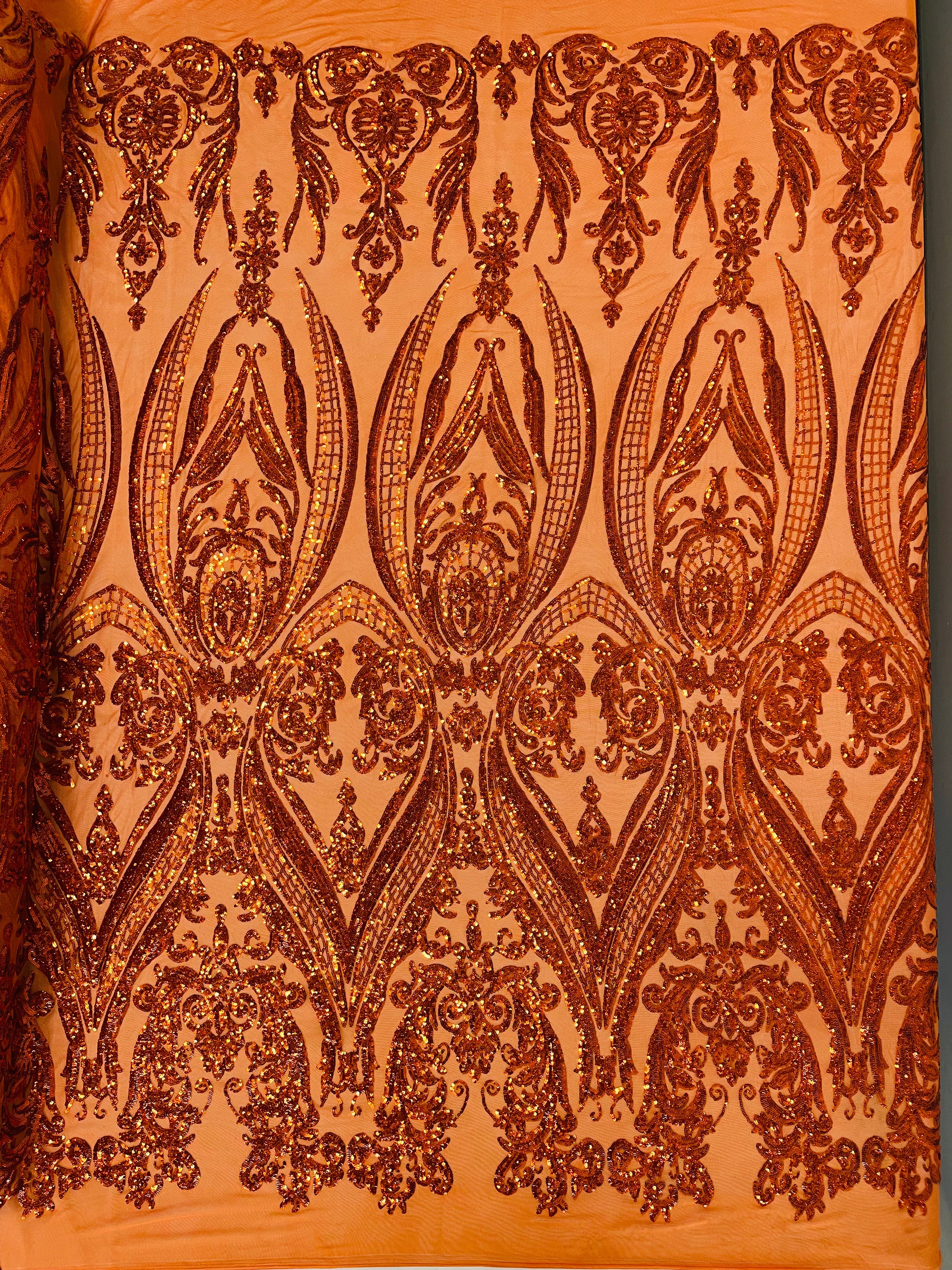 Big Damask Sequins Fabric - Burnt Orange - 4 Way Stretch Damask Sequins Design Fabric By Yard