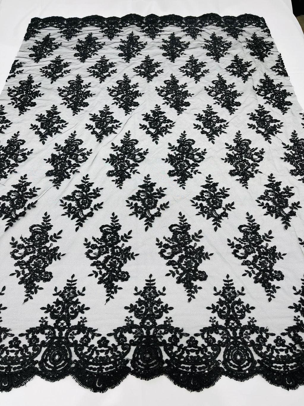 Black Floral Lace Fabric - by the yard - Corded Flower Embroidery Design With Sequins on a Mesh