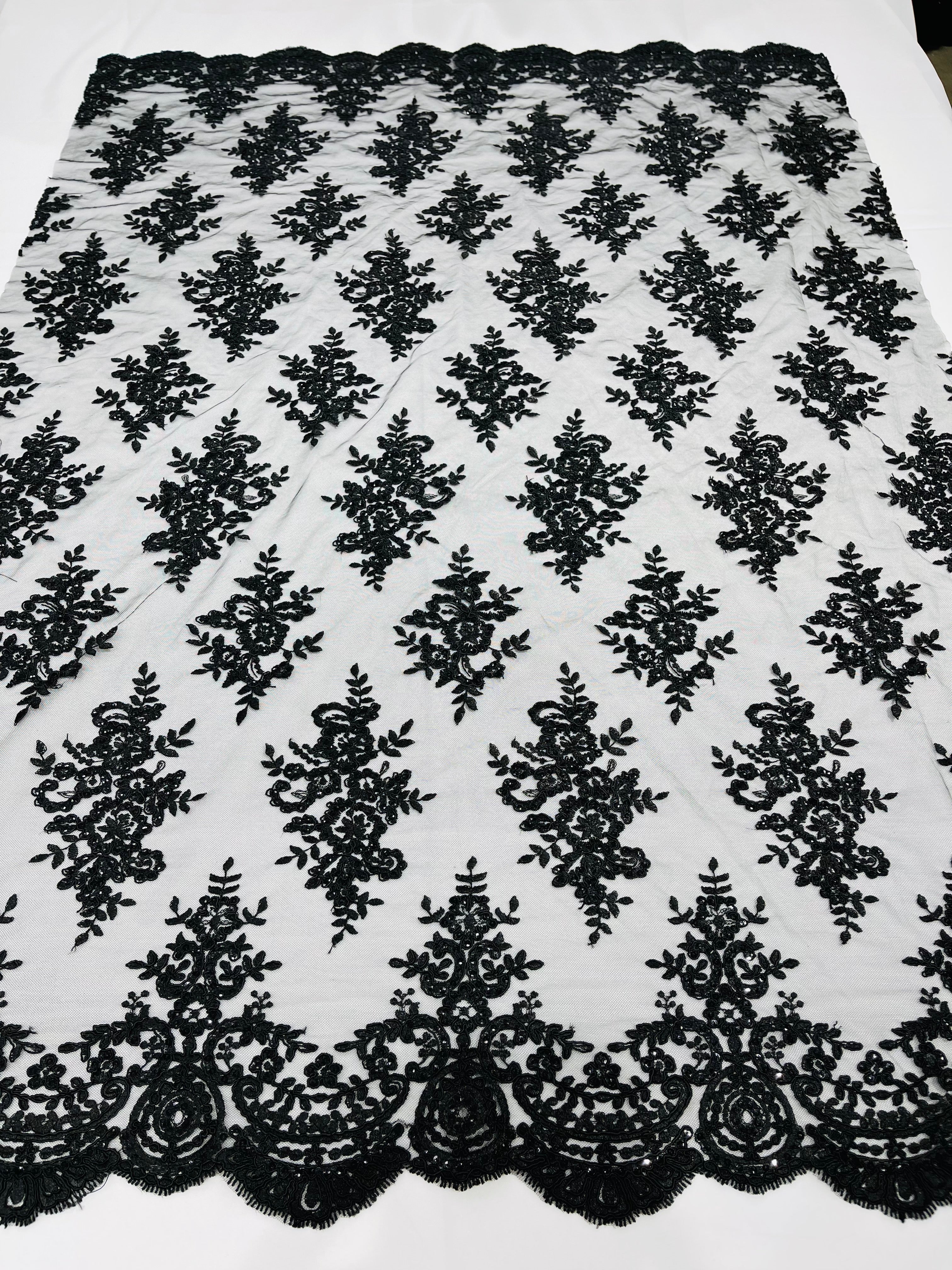 Black Floral Lace Fabric - by the yard - Corded Flower Embroidery Design With Sequins on a Mesh