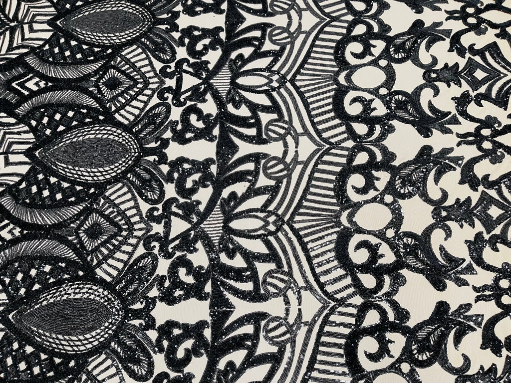 Black - 4 Way Stretch Embroidered Royalty Sequins Design Fabric By Yard