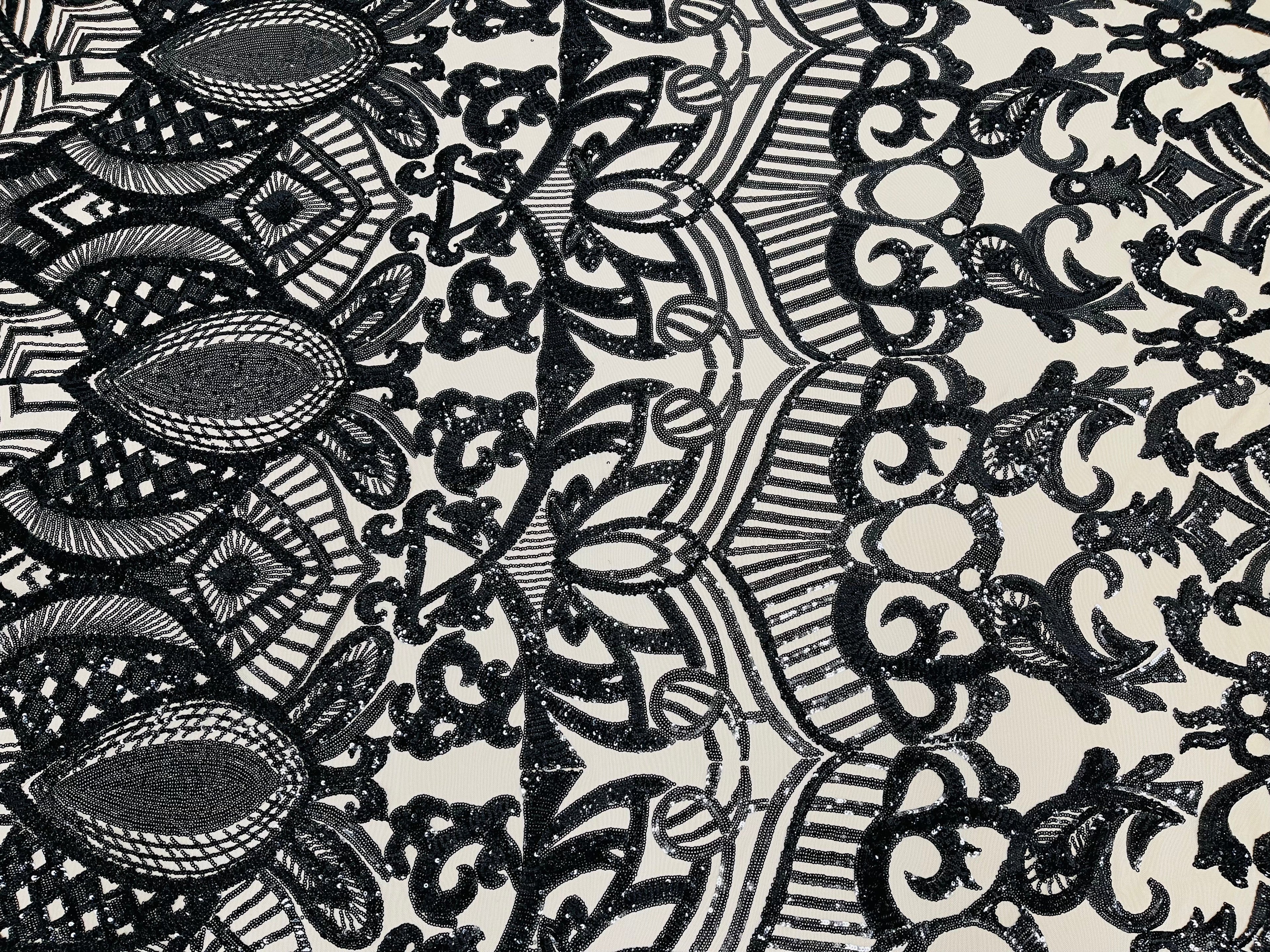 Black - 4 Way Stretch Embroidered Royalty Sequins Design Fabric By Yard