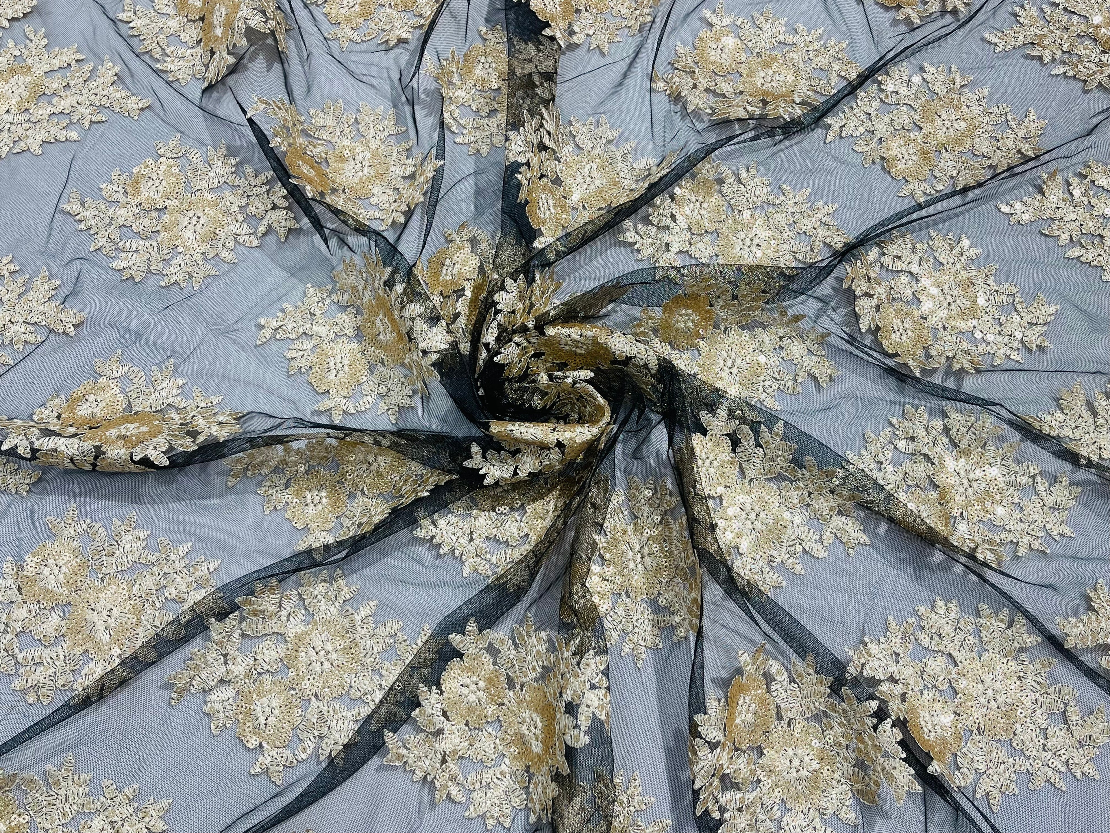 Floral Lace Fabric - Gold on Black Mesh - Flower Cluster Embroidery Design With Sequins on a Mesh