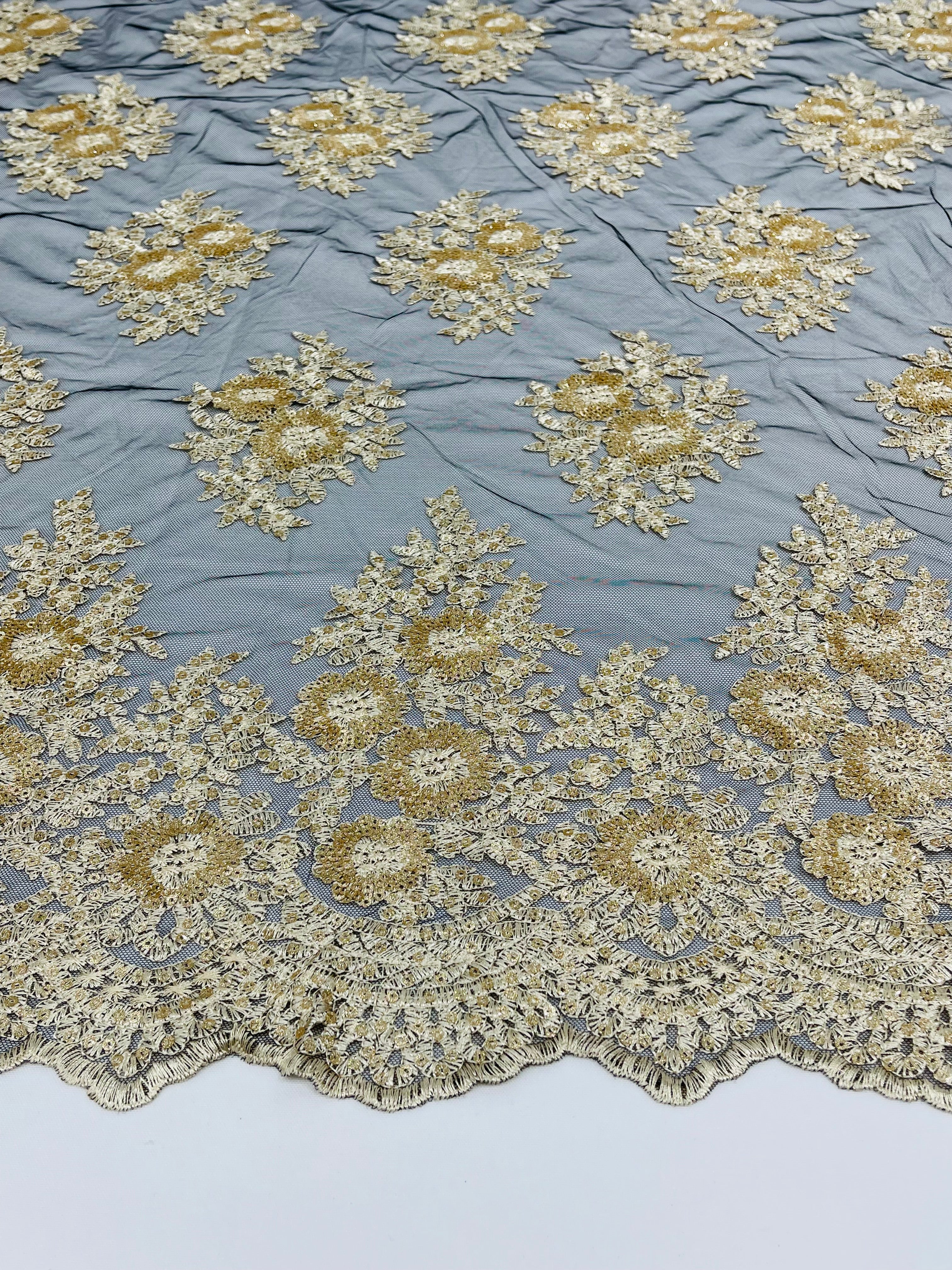 Floral Lace Fabric - Gold on Black Mesh - Flower Cluster Embroidery Design With Sequins on a Mesh