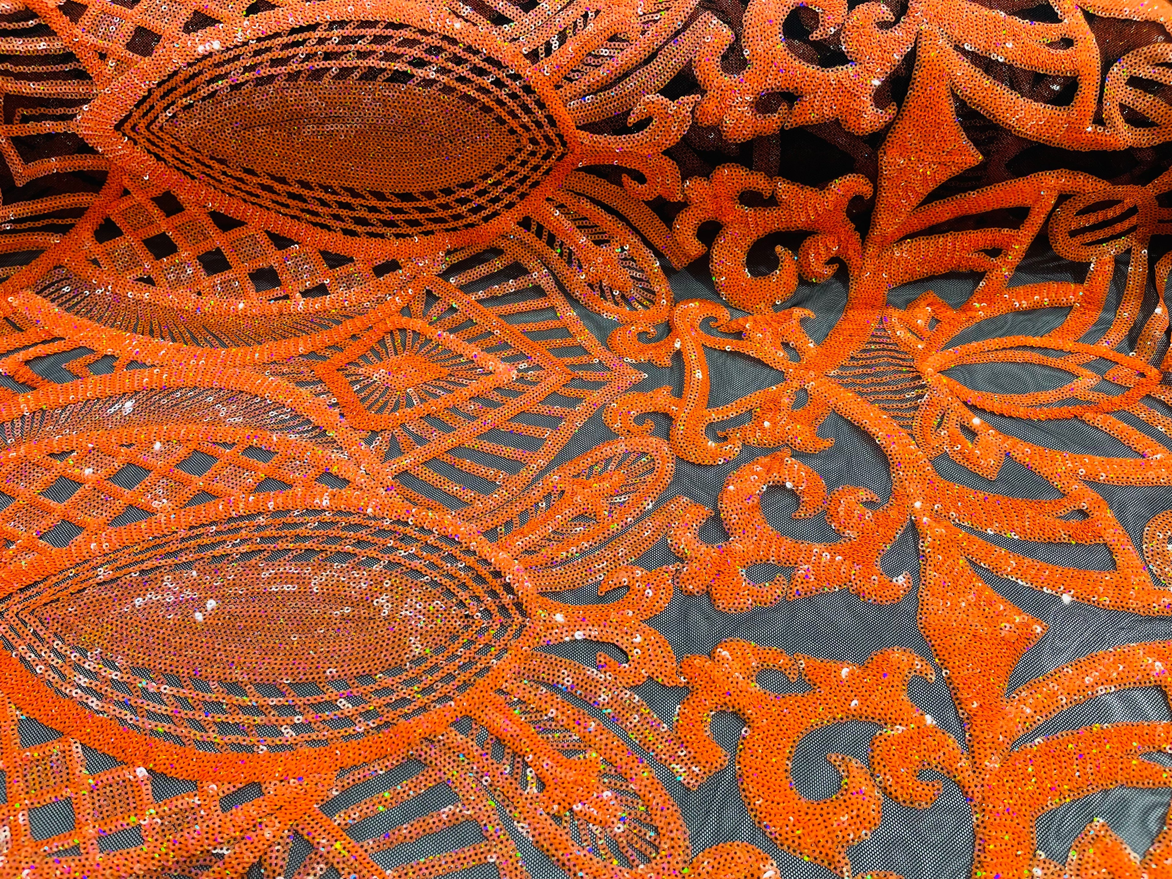Orange Sequin - 4 Way Stretch Embroidered Royalty Sequins Design Fabric By Yard