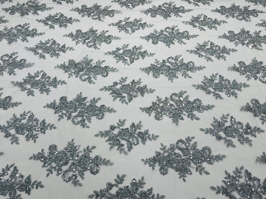 Metallic Silver Floral Lace Fabric by the yard Corded Flower Embroidery Design With Sequins on a Mesh