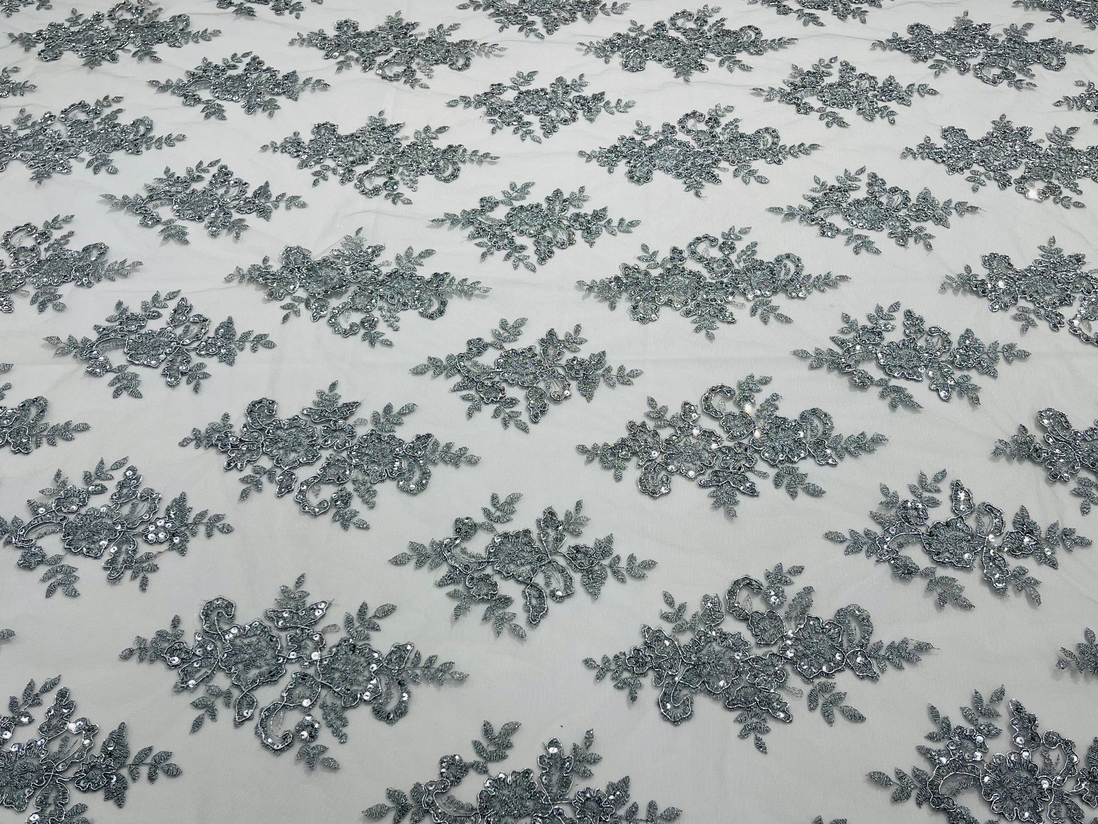 Metallic Silver Floral Lace Fabric by the yard Corded Flower Embroidery Design With Sequins on a Mesh