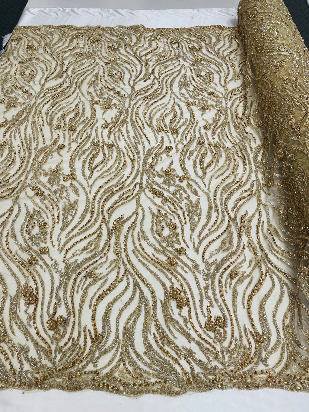 Honey Gold Beaded Fabric - by the yard - Fancy Embroidered Zebra Design with Beads on Mesh Fabric