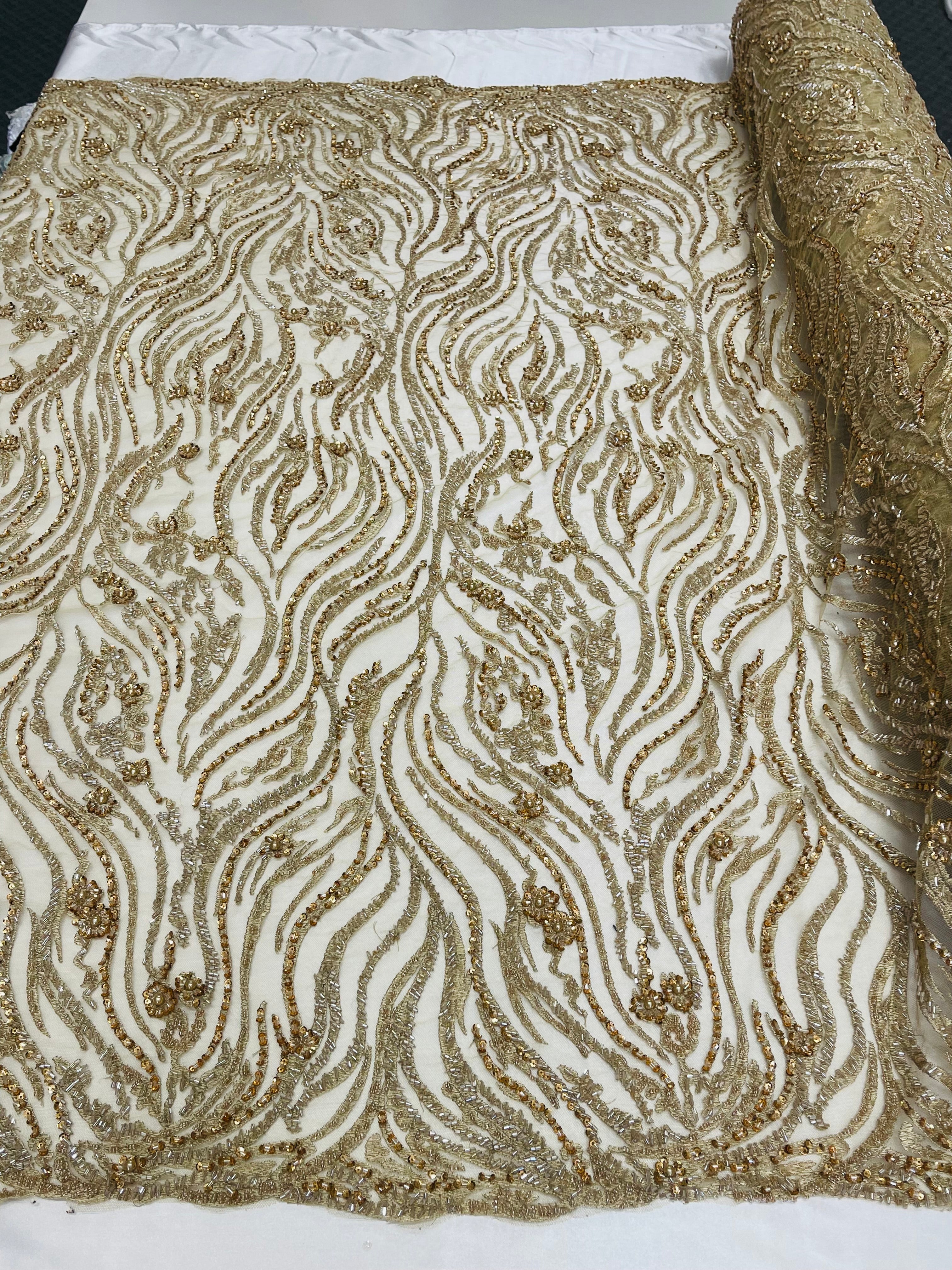 Honey Gold Beaded Fabric - by the yard - Fancy Embroidered Zebra Design with Beads on Mesh Fabric