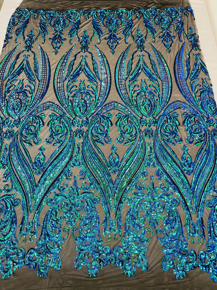 Damask Sequins Fabric - 4 Way Stretch Big Damask Sequins Fabric - Pick Color - 25 Yard Roll