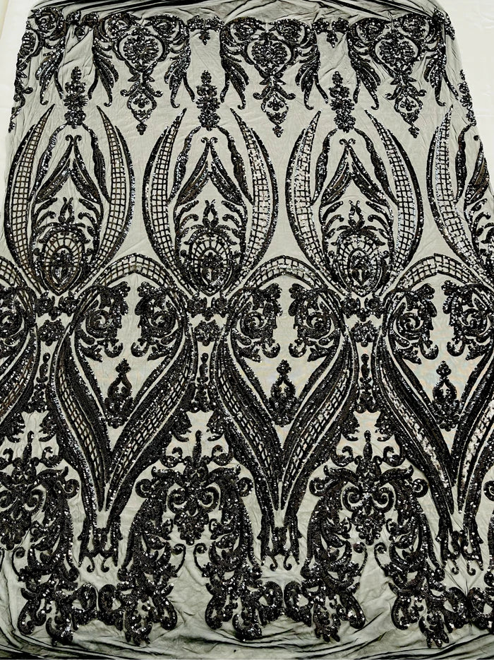 Damask Sequins Fabric - 4 Way Stretch Big Damask Sequins Fabric - Pick Color - 25 Yard Roll