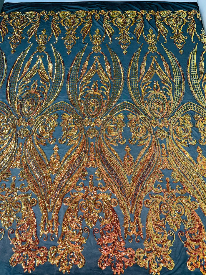 Damask Sequins Fabric - 4 Way Stretch Big Damask Sequins Fabric - Pick Color - 25 Yard Roll