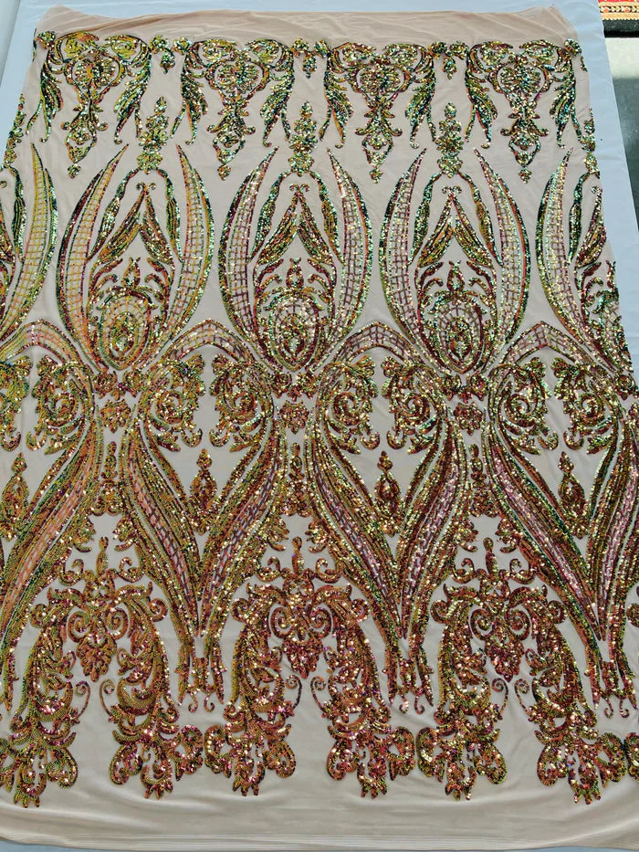 Damask Sequins Fabric - 4 Way Stretch Big Damask Sequins Fabric - Pick Color - 25 Yard Roll
