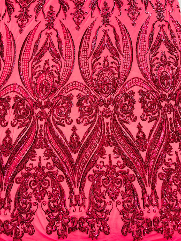 Damask Sequins Fabric - 4 Way Stretch Big Damask Sequins Fabric - Pick Color - 25 Yard Roll